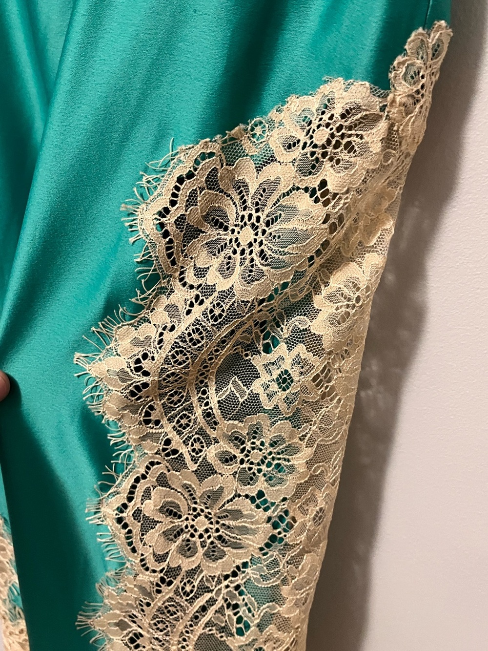 NWT🎉 Anthropologie Teal Satin Midi Skirt with Cream Lace Hem - Picture 9 of 16